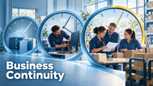 Three clocks comparing backup vs disaster recovery vs business continuity: protected files, restored systems, and people keeping work moving.